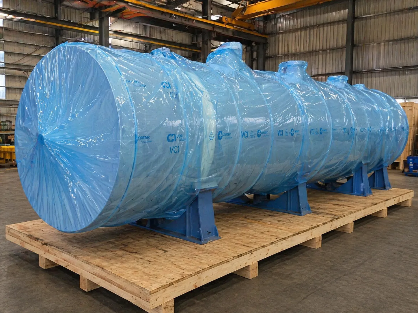 Industrial equipment protected by vapor corrosion inhibitor wrapping
